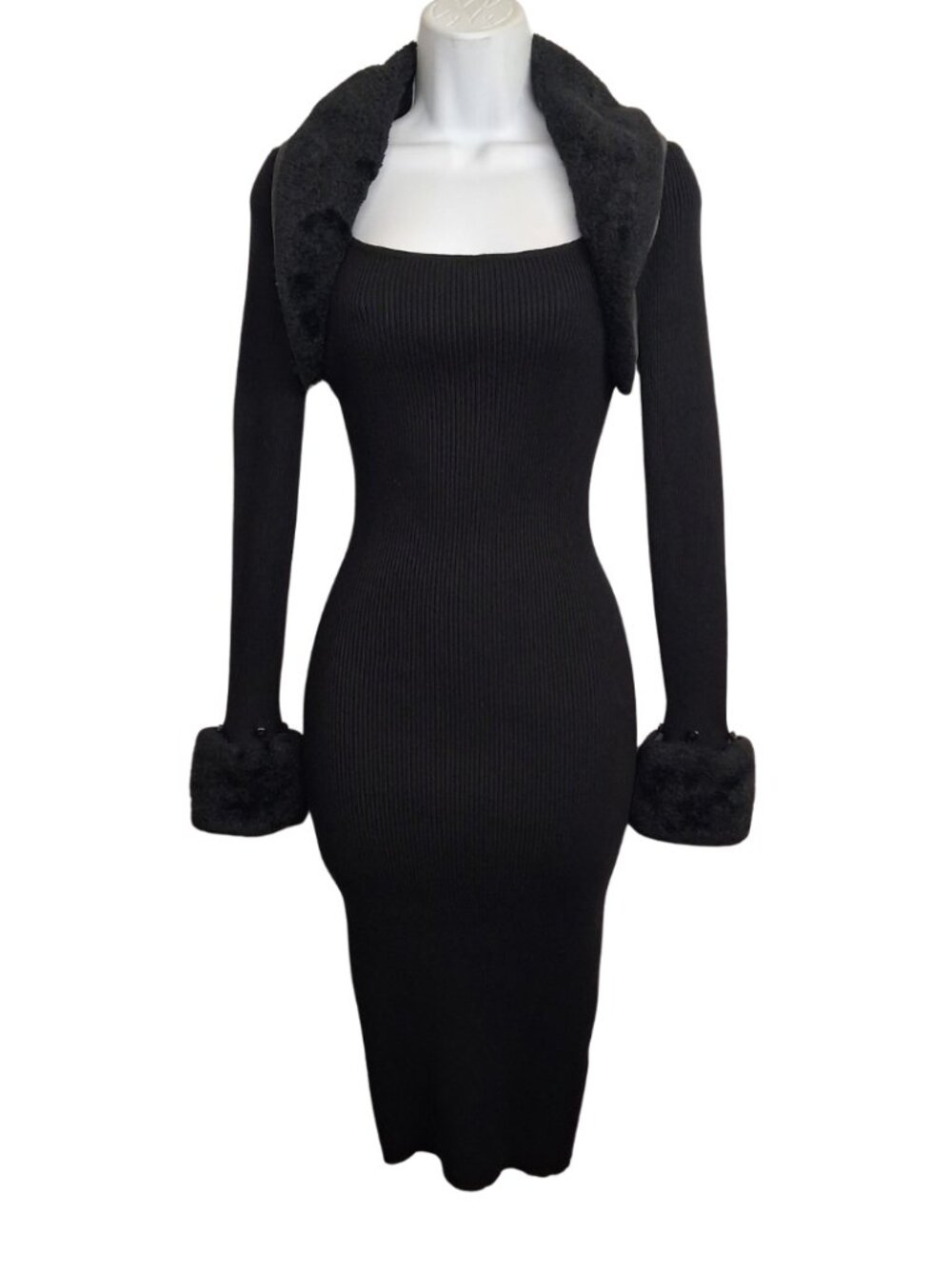 FASHION NOVA Faux Fur Black Dress Bodycon Ribbed Knit Midi Long Sleeve Small